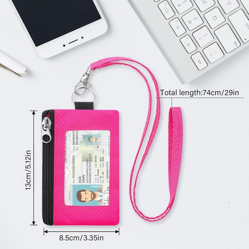 ZHOMA Minimalist RFID Blocking Wallet with Lanyard, Functional ID Case with 2 Zipper Pockets and Key Chain for Men and Women, Tactical Badge Pouch Cards Holder, Coin Purse for Travel Sports-Rose - Image 2